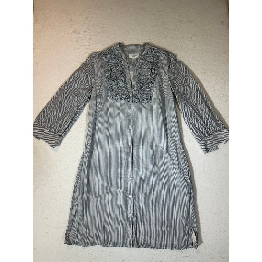 Ann Taylor LOFT Womens Blue White Pinstripe Ruffle Shirt Dress Size 8